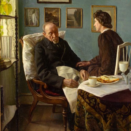 SOPHUS VERMEHREN INTERIOR WITH ELDERLY MAN SLEEPING ANTIQUE OIL PAINTING - ADDITIONAL PHOTO 5