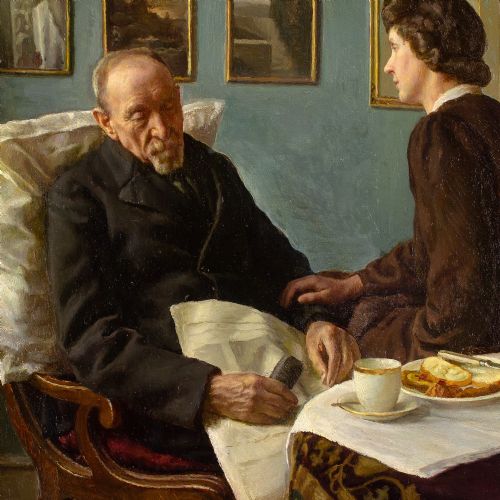 SOPHUS VERMEHREN INTERIOR WITH ELDERLY MAN SLEEPING ANTIQUE OIL PAINTING - ADDITIONAL PHOTO 6