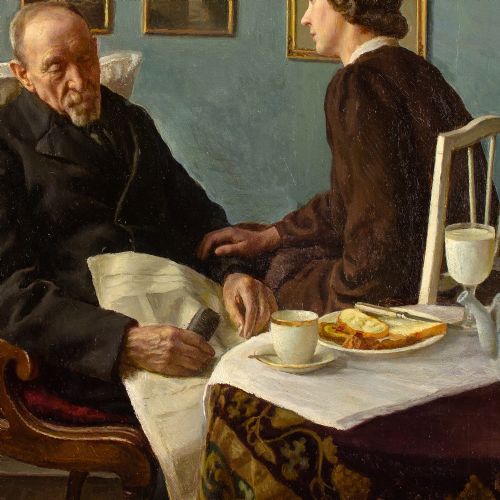 SOPHUS VERMEHREN INTERIOR WITH ELDERLY MAN SLEEPING ANTIQUE OIL PAINTING - ADDITIONAL PHOTO 7