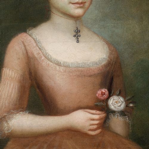 18THCENTURY FRENCH SCHOOL PORTRAIT OF A LADY WITH ROSES ANTIQUE OIL PAINTING - ADDITIONAL PHOTO 5
