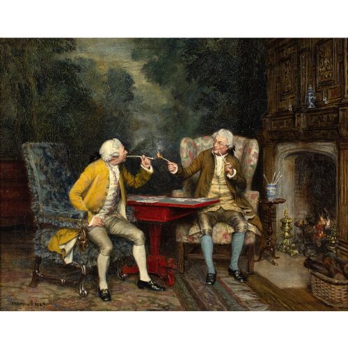 FRANK MOSS BENNETT THE GAME OF CARDS ANTIQUE OIL PAINTING - ADDITIONAL PHOTO 1