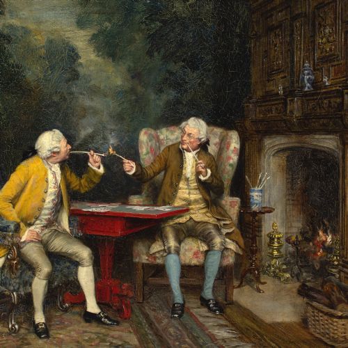 FRANK MOSS BENNETT THE GAME OF CARDS ANTIQUE OIL PAINTING - ADDITIONAL PHOTO 4