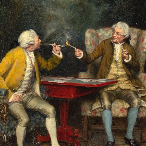 FRANK MOSS BENNETT THE GAME OF CARDS ANTIQUE OIL PAINTING - ADDITIONAL PHOTO 6
