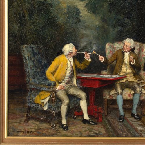 FRANK MOSS BENNETT THE GAME OF CARDS ANTIQUE OIL PAINTING - ADDITIONAL PHOTO 7