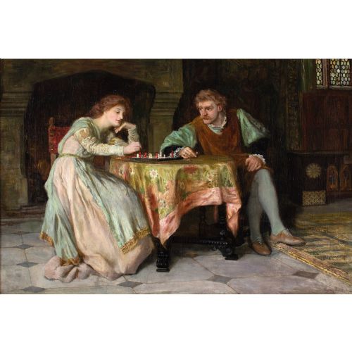 FRANCIS SYDNEY MUSCHAMP RBA A GAME OF CHESS ANTIQUE OIL PAINTING - ADDITIONAL PHOTO 2
