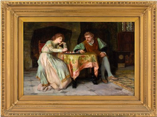 francis sydney muschamp rba a game of chess antique oil painting - CATEGORY: ANTIQUE ART - DATED 1890