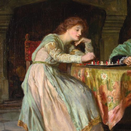FRANCIS SYDNEY MUSCHAMP RBA A GAME OF CHESS ANTIQUE OIL PAINTING - ADDITIONAL PHOTO 6