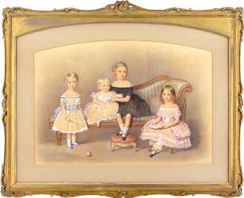john george indermaur group of children antique watercolour - CATEGORY: ANTIQUE ART - DATED 19TH CENTURY