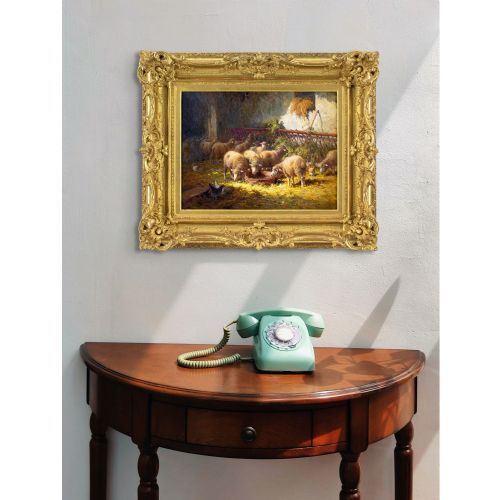 CHARLES CLAIR SHEEP FEEDING IN A BARN ANTIQUE OIL PAINTING - ADDITIONAL PHOTO 5