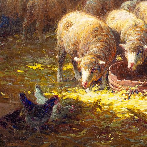 CHARLES CLAIR SHEEP FEEDING IN A BARN ANTIQUE OIL PAINTING - ADDITIONAL PHOTO 6