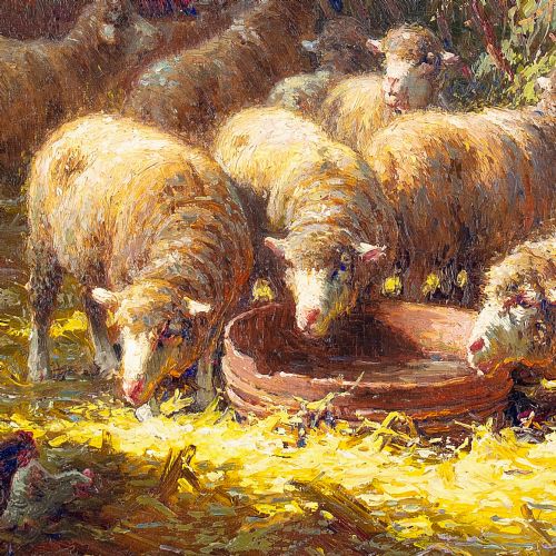 CHARLES CLAIR SHEEP FEEDING IN A BARN ANTIQUE OIL PAINTING - ADDITIONAL PHOTO 7