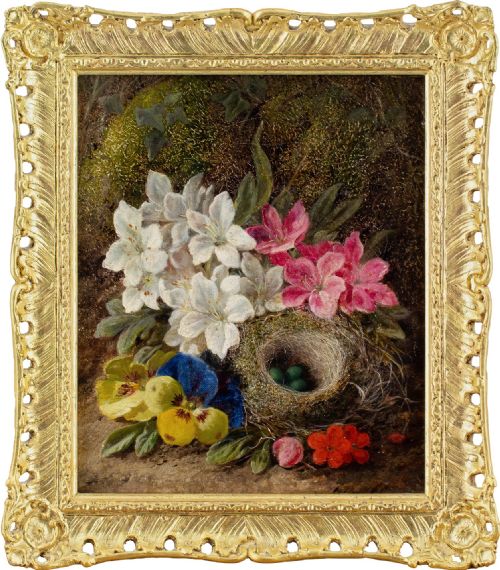 george clare still life with birds nest flowers mossy bank antique oil painting - CATEGORY: ANTIQUE ART - DATED 1870