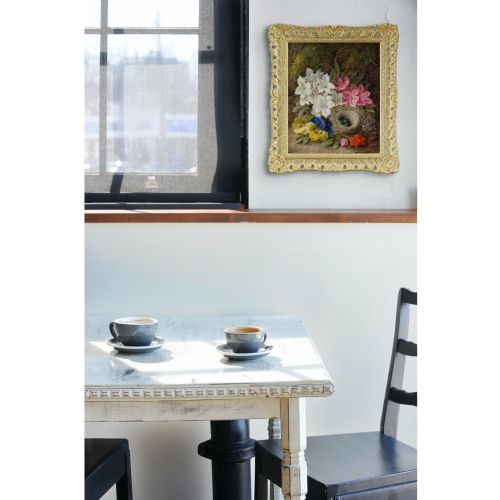 GEORGE CLARE STILL LIFE WITH BIRDS NEST FLOWERS MOSSY BANK ANTIQUE OIL PAINTING - ADDITIONAL PHOTO 1
