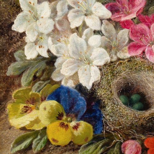 GEORGE CLARE STILL LIFE WITH BIRDS NEST FLOWERS MOSSY BANK ANTIQUE OIL PAINTING - ADDITIONAL PHOTO 2