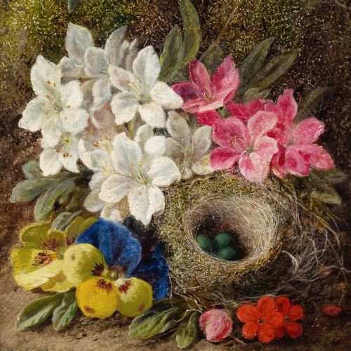 GEORGE CLARE STILL LIFE WITH BIRDS NEST FLOWERS MOSSY BANK ANTIQUE OIL PAINTING - ADDITIONAL PHOTO 3
