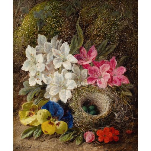 GEORGE CLARE STILL LIFE WITH BIRDS NEST FLOWERS MOSSY BANK ANTIQUE OIL PAINTING - ADDITIONAL PHOTO 5