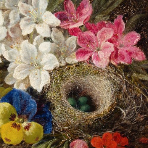 GEORGE CLARE STILL LIFE WITH BIRDS NEST FLOWERS MOSSY BANK ANTIQUE OIL PAINTING - ADDITIONAL PHOTO 6