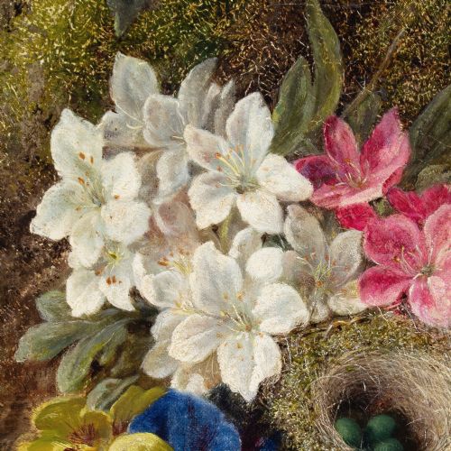 GEORGE CLARE STILL LIFE WITH BIRDS NEST FLOWERS MOSSY BANK ANTIQUE OIL PAINTING - ADDITIONAL PHOTO 7