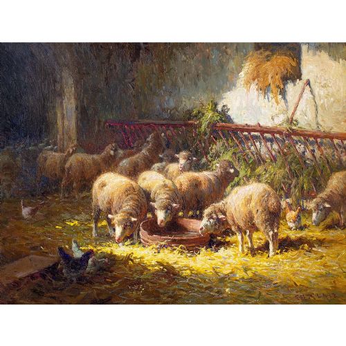 CHARLES CLAIR SHEEP FEEDING IN A BARN ANTIQUE OIL PAINTING - ADDITIONAL PHOTO 2