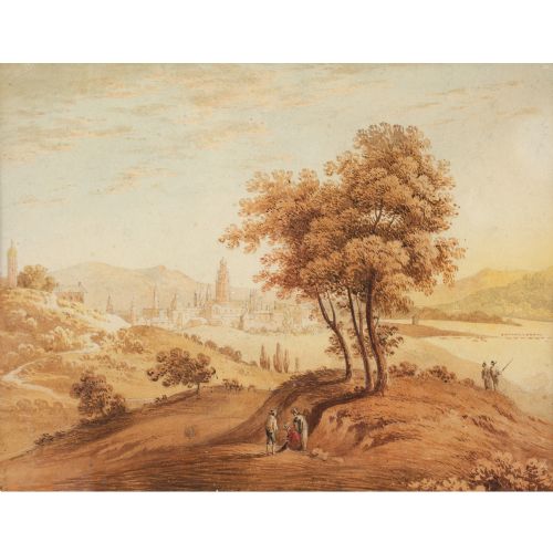 JOHN VARLEY OWS ATTRIBUTED ITALIANATE LANDSCAPE WITH FIGURES ANTIQUE WATERCOLOUR - ADDITIONAL PHOTO 1