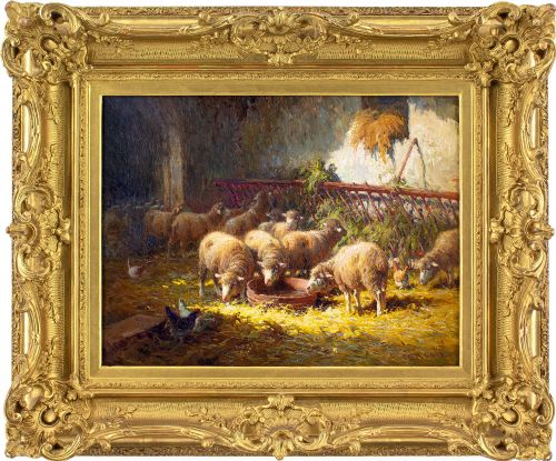 charles clair sheep feeding in a barn antique oil painting - CATEGORY: ANTIQUE ART - DATED 1910