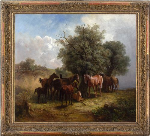ludwig gustav voltz attributed landscape with horses distant lake large antique oil painting - CATEGORY: ANTIQUE ART - DATED 1860