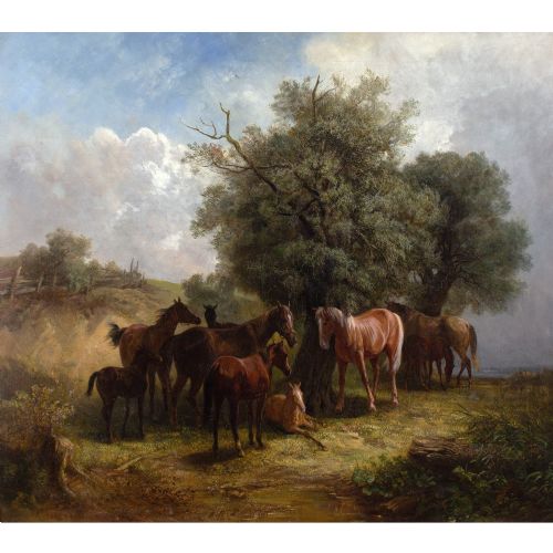 LUDWIG GUSTAV VOLTZ ATTRIBUTED LANDSCAPE WITH HORSES DISTANT LAKE LARGE ANTIQUE OIL PAINTING - ADDITIONAL PHOTO 1