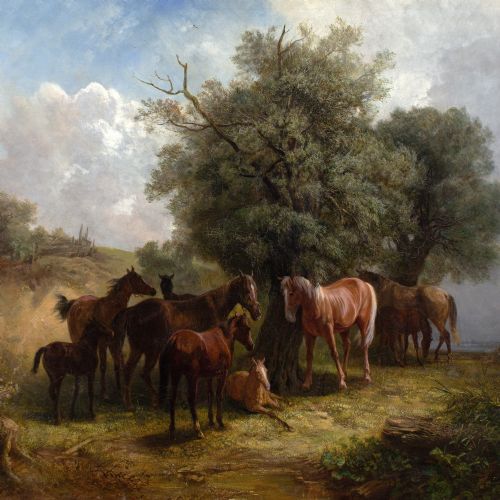 LUDWIG GUSTAV VOLTZ ATTRIBUTED LANDSCAPE WITH HORSES DISTANT LAKE LARGE ANTIQUE OIL PAINTING - ADDITIONAL PHOTO 3