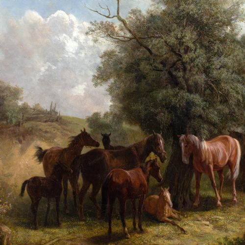 LUDWIG GUSTAV VOLTZ ATTRIBUTED LANDSCAPE WITH HORSES DISTANT LAKE LARGE ANTIQUE OIL PAINTING - ADDITIONAL PHOTO 4