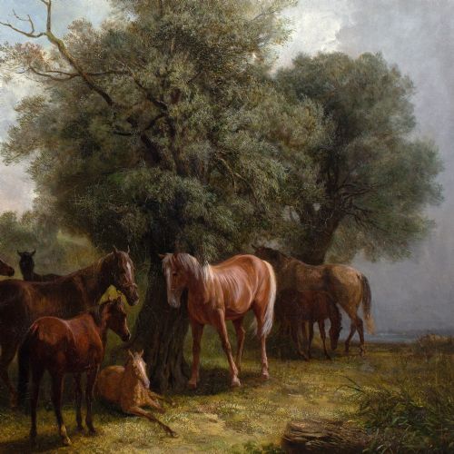 LUDWIG GUSTAV VOLTZ ATTRIBUTED LANDSCAPE WITH HORSES DISTANT LAKE LARGE ANTIQUE OIL PAINTING - ADDITIONAL PHOTO 6