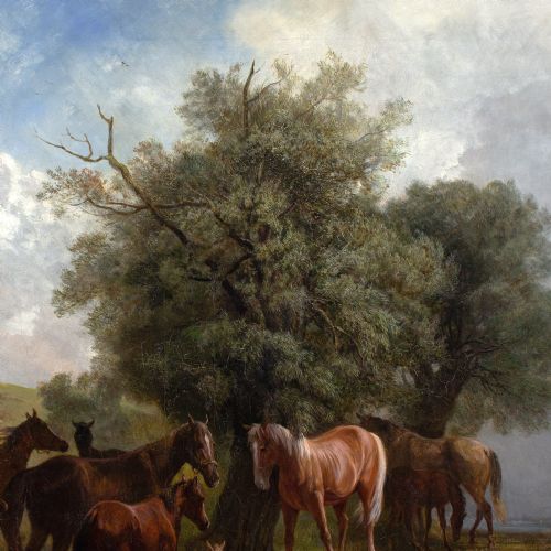 LUDWIG GUSTAV VOLTZ ATTRIBUTED LANDSCAPE WITH HORSES DISTANT LAKE LARGE ANTIQUE OIL PAINTING - ADDITIONAL PHOTO 7