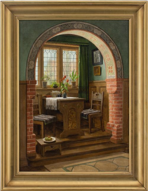 c sorensen interior with arch dining nook oil painting - CATEGORY: ANTIQUE ART - DATED 1930