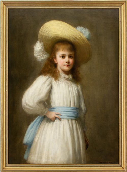 hermann schmiechen portrait of a girl with a straw hat antique oil painting - CATEGORY: ANTIQUE ART - DATED 1890