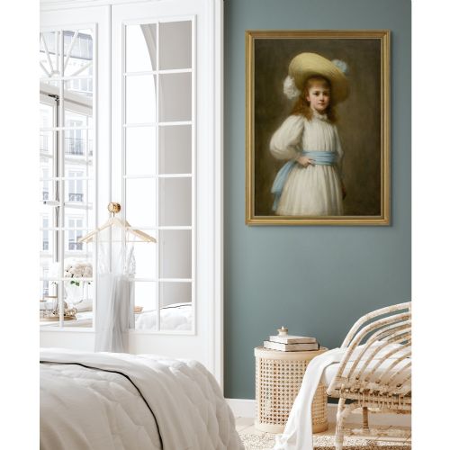 HERMANN SCHMIECHEN PORTRAIT OF A GIRL WITH A STRAW HAT ANTIQUE OIL PAINTING - ADDITIONAL PHOTO 4