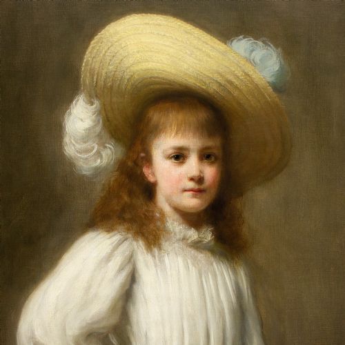 HERMANN SCHMIECHEN PORTRAIT OF A GIRL WITH A STRAW HAT ANTIQUE OIL PAINTING - ADDITIONAL PHOTO 5