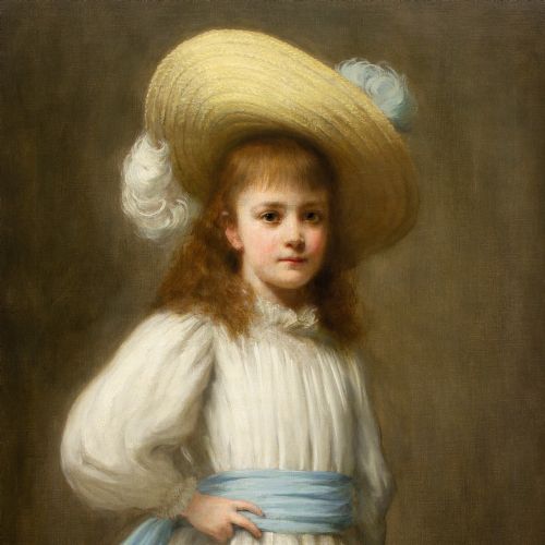 HERMANN SCHMIECHEN PORTRAIT OF A GIRL WITH A STRAW HAT ANTIQUE OIL PAINTING - ADDITIONAL PHOTO 7