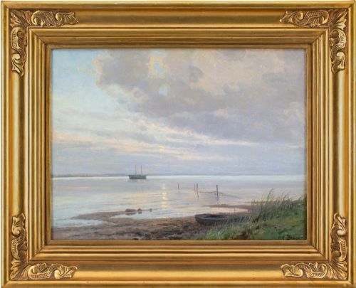 alfred broge coastal view with boats oil painting - CATEGORY: ANTIQUE ART - DATED 1930