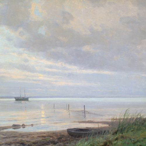 ALFRED BROGE COASTAL VIEW WITH BOATS OIL PAINTING - ADDITIONAL PHOTO 1