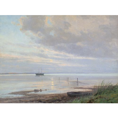 ALFRED BROGE COASTAL VIEW WITH BOATS OIL PAINTING - ADDITIONAL PHOTO 2