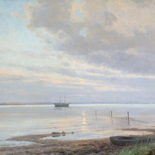 ALFRED BROGE COASTAL VIEW WITH BOATS OIL PAINTING - ADDITIONAL PHOTO 4