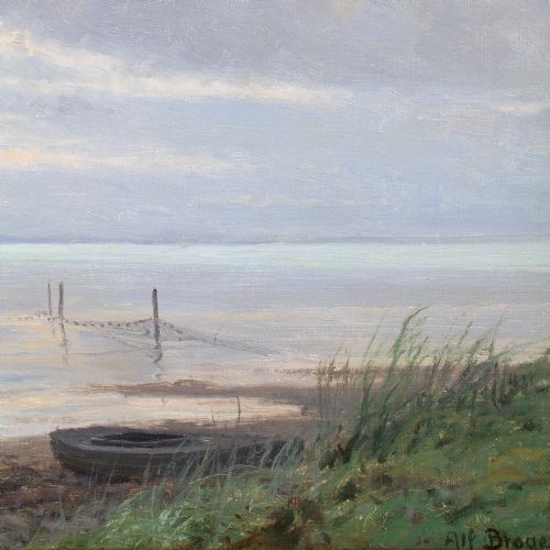 ALFRED BROGE COASTAL VIEW WITH BOATS OIL PAINTING - ADDITIONAL PHOTO 7