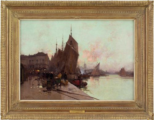 eugene galienlaloue unloading fish sunrise dieppe antique oil painting - CATEGORY: ANTIQUE ART - DATED 1920
