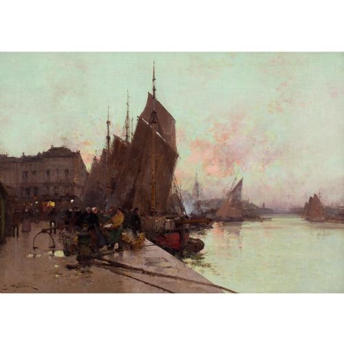 EUGENE GALIENLALOUE UNLOADING FISH SUNRISE DIEPPE ANTIQUE OIL PAINTING - ADDITIONAL PHOTO 2