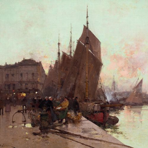 EUGENE GALIENLALOUE UNLOADING FISH SUNRISE DIEPPE ANTIQUE OIL PAINTING - ADDITIONAL PHOTO 4