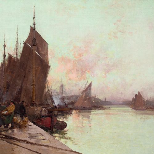 EUGENE GALIENLALOUE UNLOADING FISH SUNRISE DIEPPE ANTIQUE OIL PAINTING - ADDITIONAL PHOTO 5