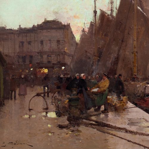 EUGENE GALIENLALOUE UNLOADING FISH SUNRISE DIEPPE ANTIQUE OIL PAINTING - ADDITIONAL PHOTO 6