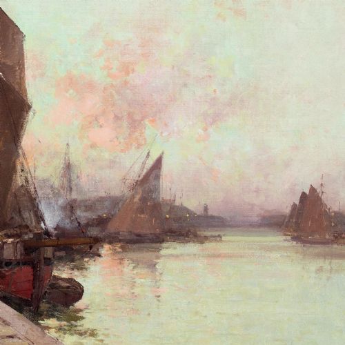 EUGENE GALIENLALOUE UNLOADING FISH SUNRISE DIEPPE ANTIQUE OIL PAINTING - ADDITIONAL PHOTO 7
