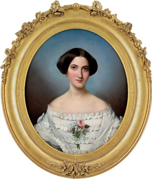 adle kindt portrait of a lady with roses forgetmenots antique oil painting - CATEGORY: ANTIQUE ART - DATED 1850