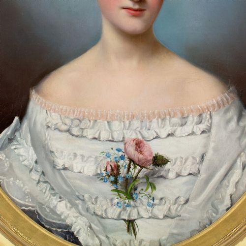 ADLE KINDT PORTRAIT OF A LADY WITH ROSES FORGETMENOTS ANTIQUE OIL PAINTING - ADDITIONAL PHOTO 3