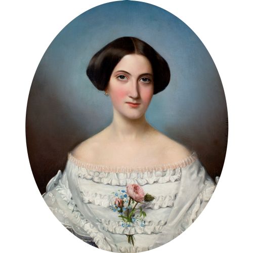 ADLE KINDT PORTRAIT OF A LADY WITH ROSES FORGETMENOTS ANTIQUE OIL PAINTING - ADDITIONAL PHOTO 4